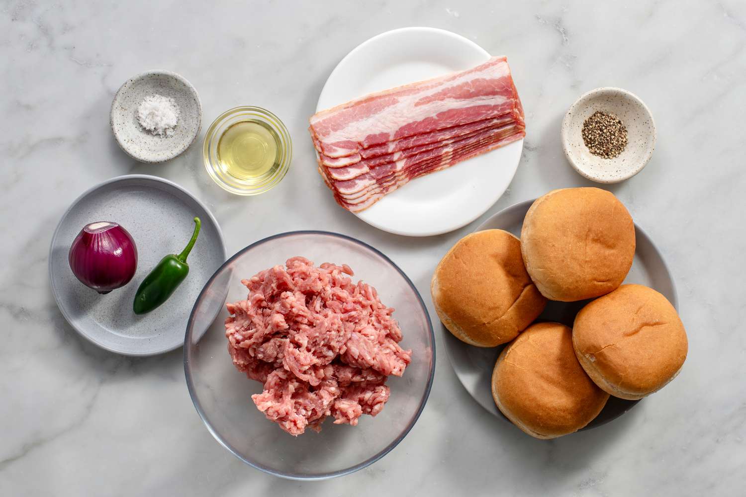Ingredients to make bacon jalapeno smashburgers