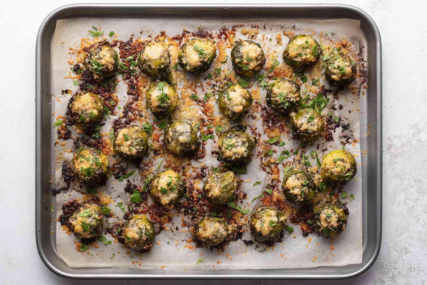 Smashed Brussels Sprouts on a baking sheet 