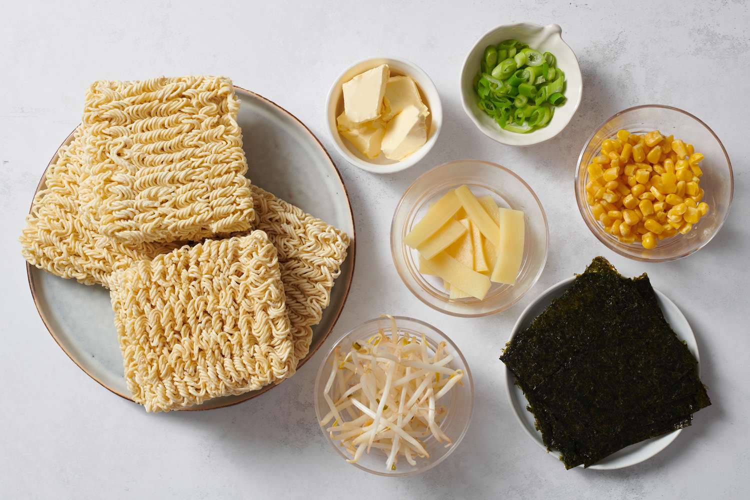 ramen noodles and other optional toppings gathered