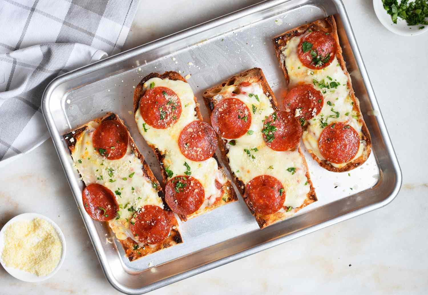 french bread pizza on a tray
