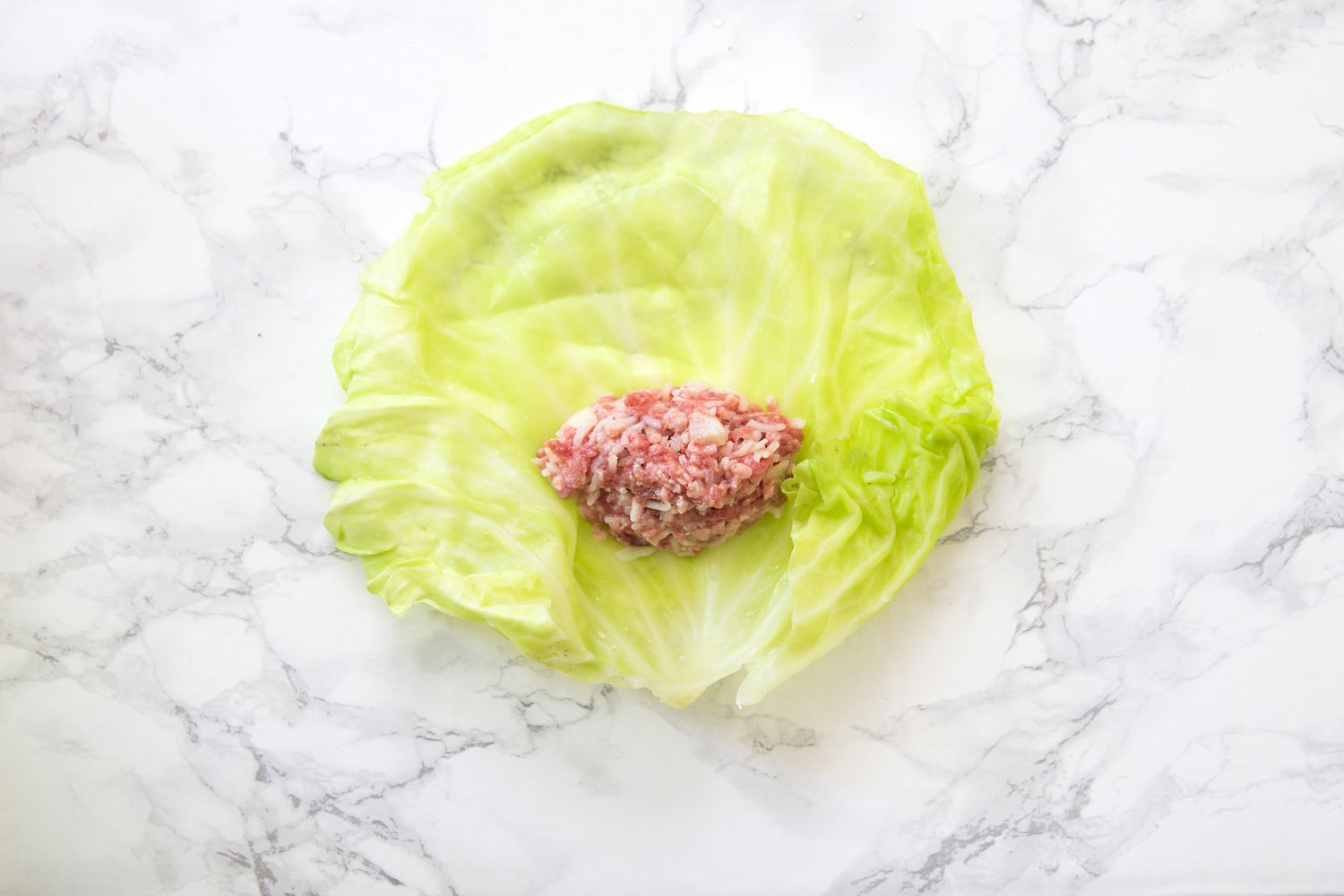 Meat and rice mixture in a leaf of cabbage