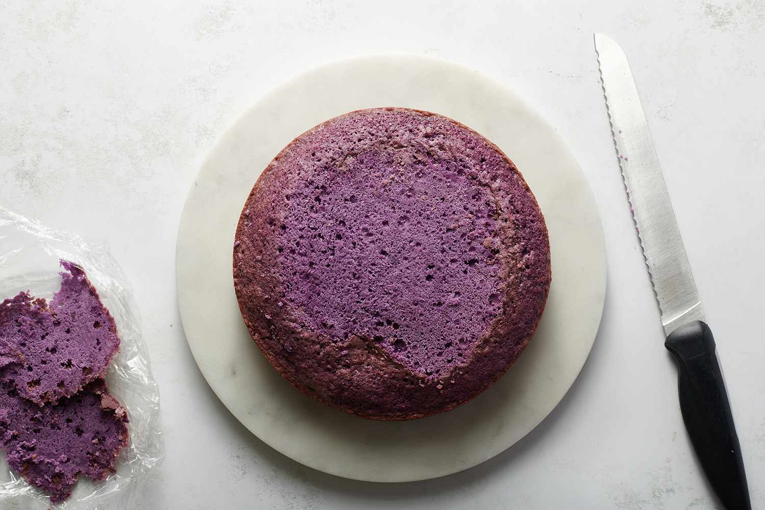 ube cake on a plate
