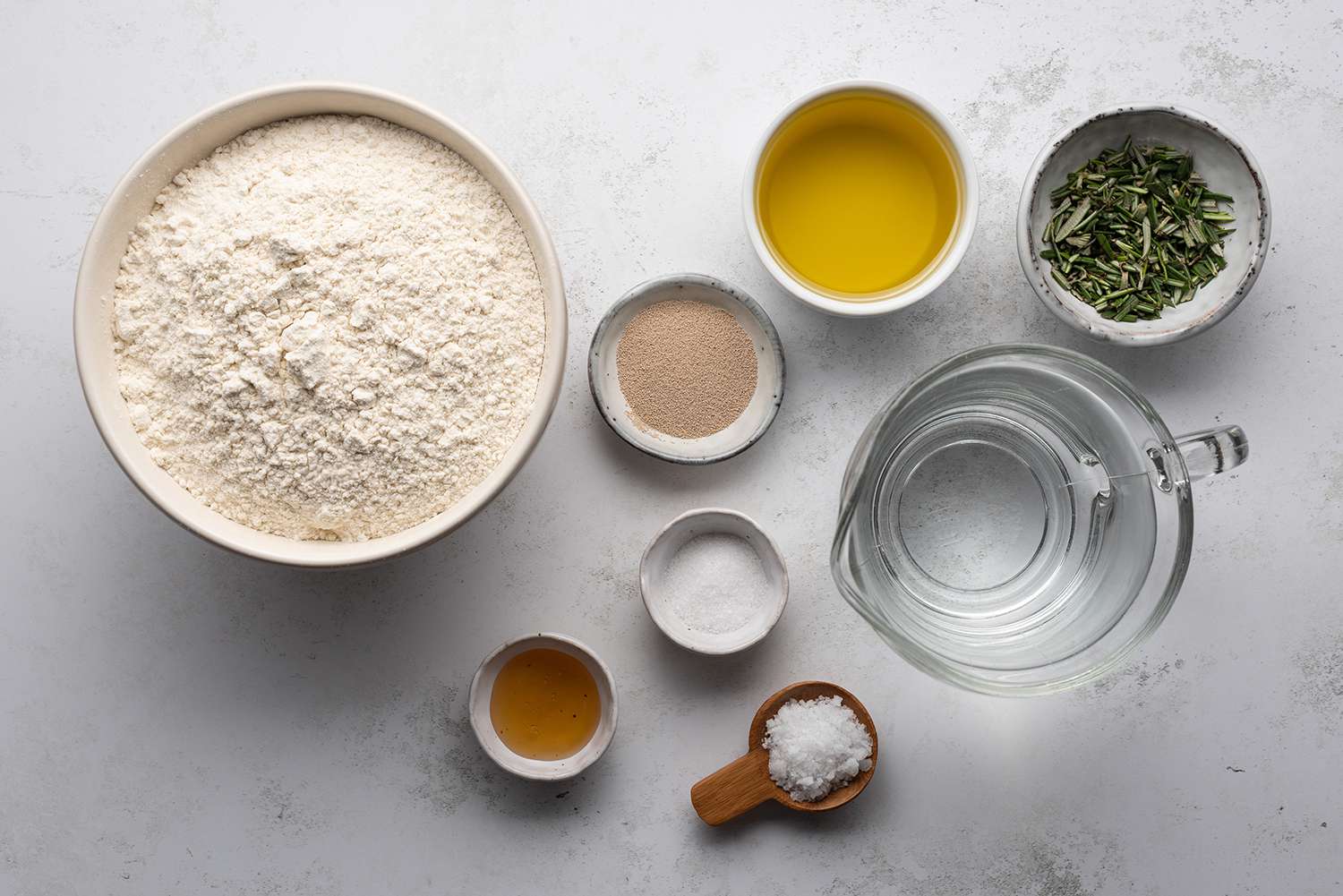 Focaccia Bread ingredients in bowls 