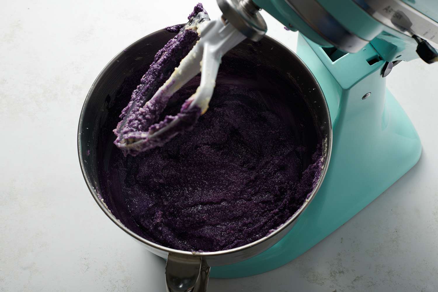 ube cake batter in stand mixer