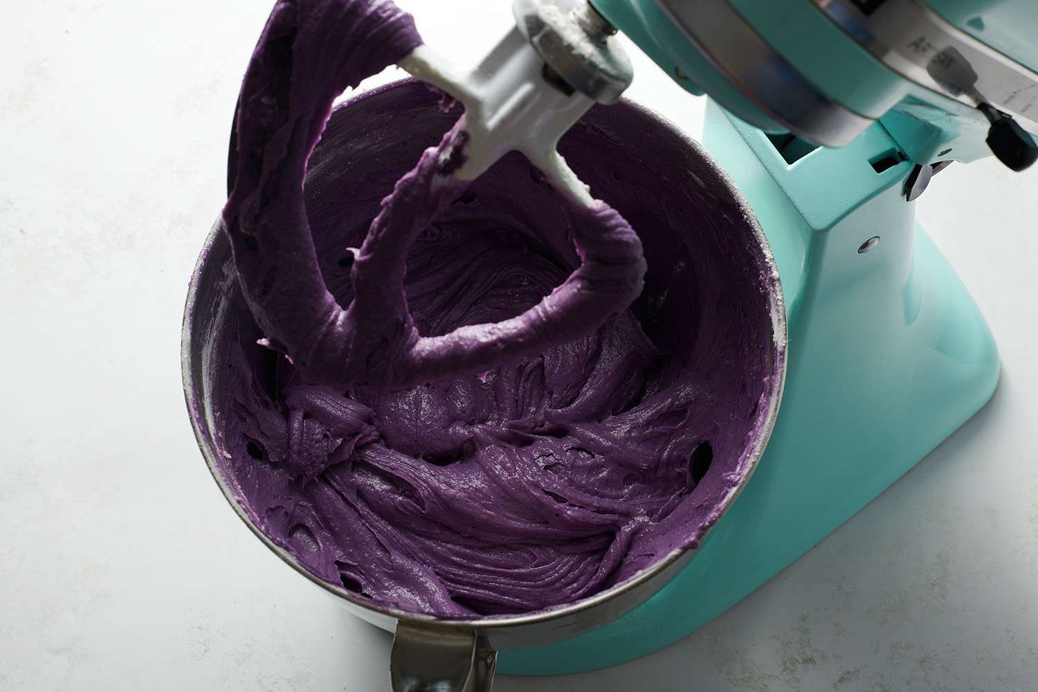 ube cake batter in stand mixture