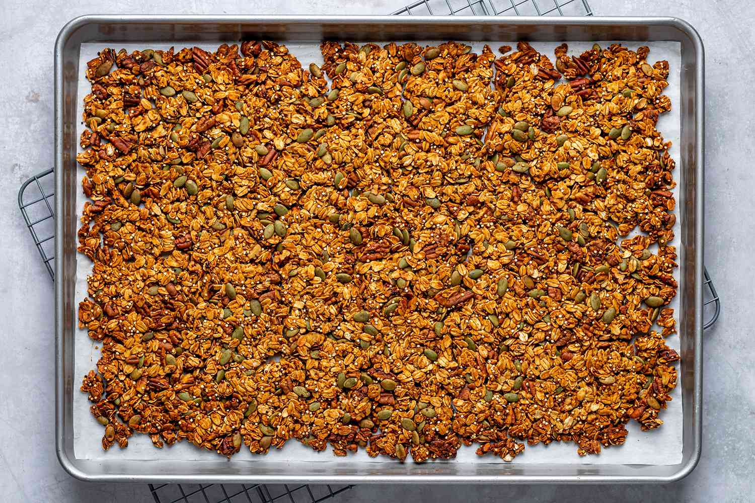 baked pumpkin granola on a baking sheet