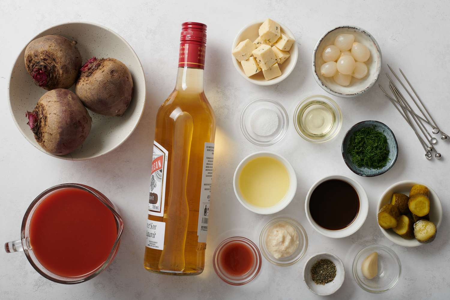 Ingredients to make a Beet and Aquavit Bloody Mary