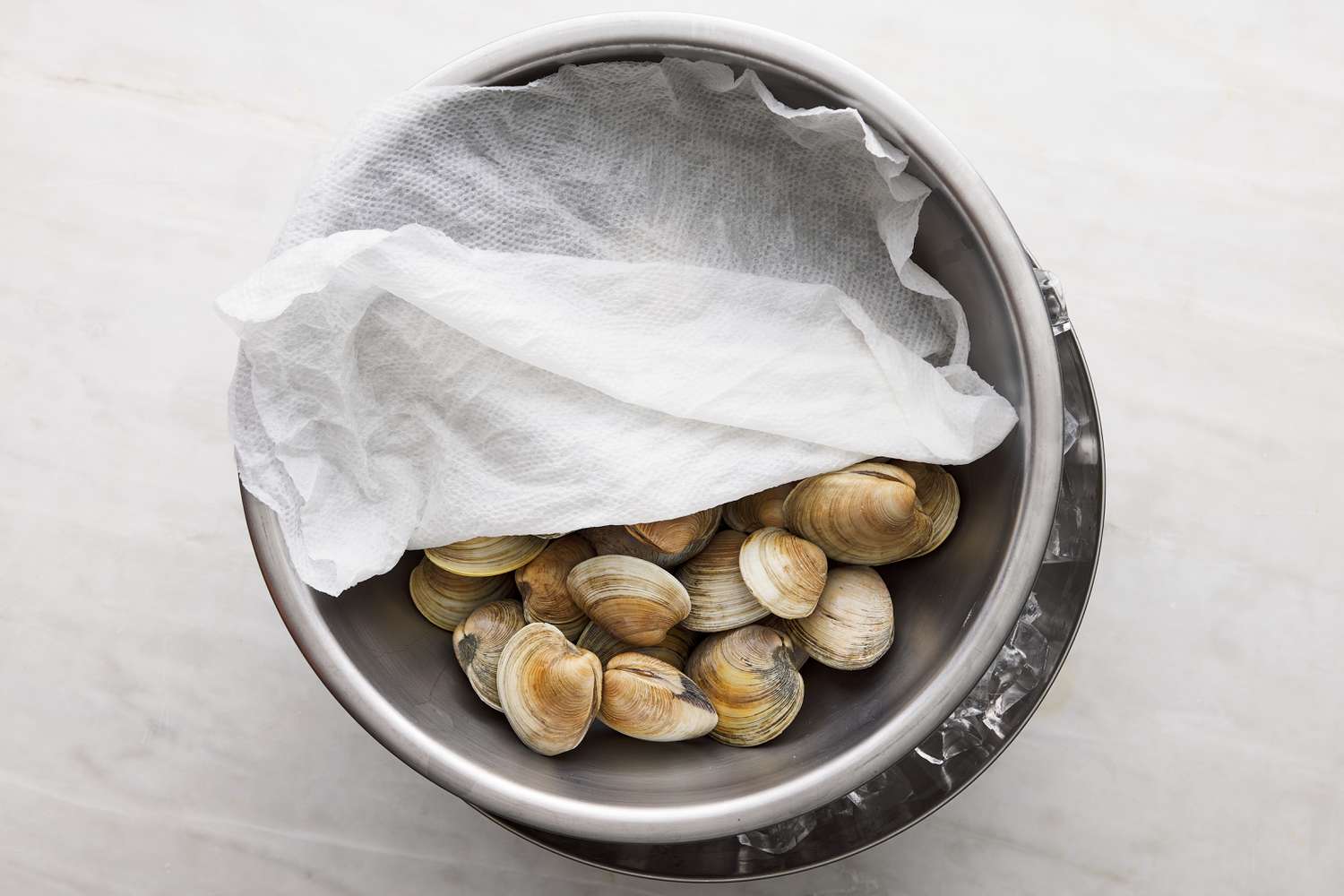 clams in bowl over a bowl of ice, covered with wet paper towel