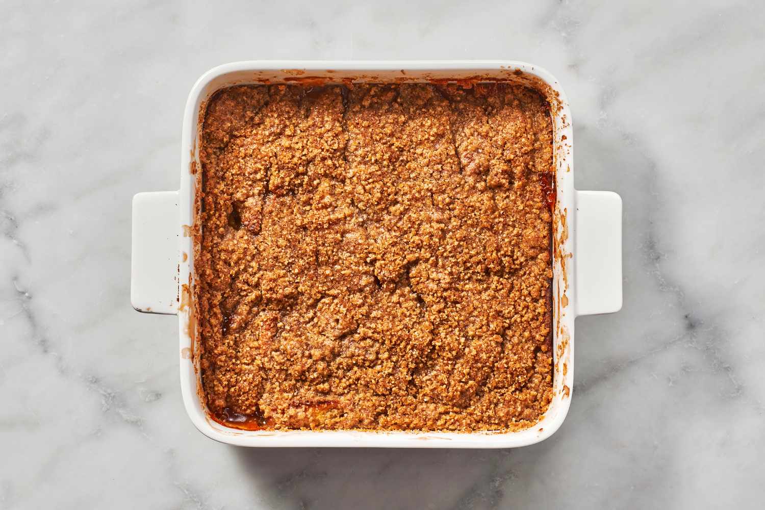 An apple brown betty in a baking dish