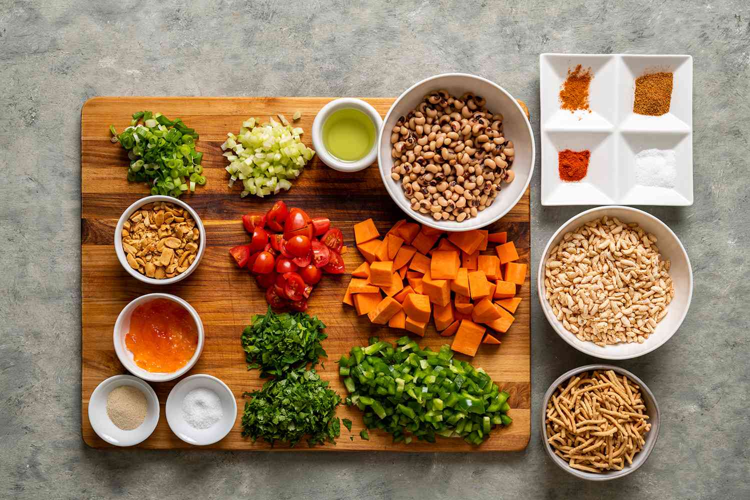 Peanuts and Peas Bhel Puri ingredients on a cutting board 
