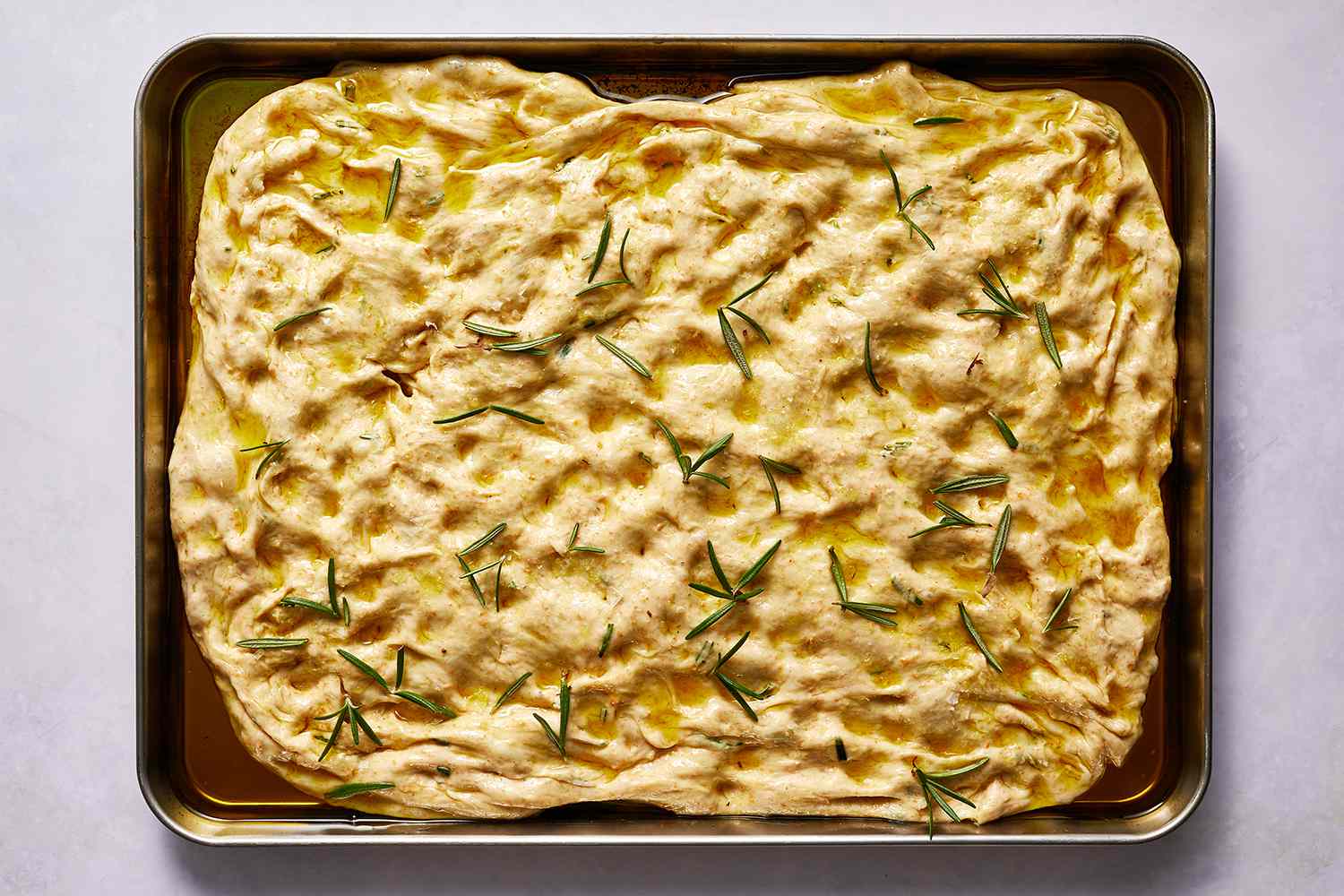 Rosemary focaccia dough spread on a baking sheet, with rosemary and oil on top 