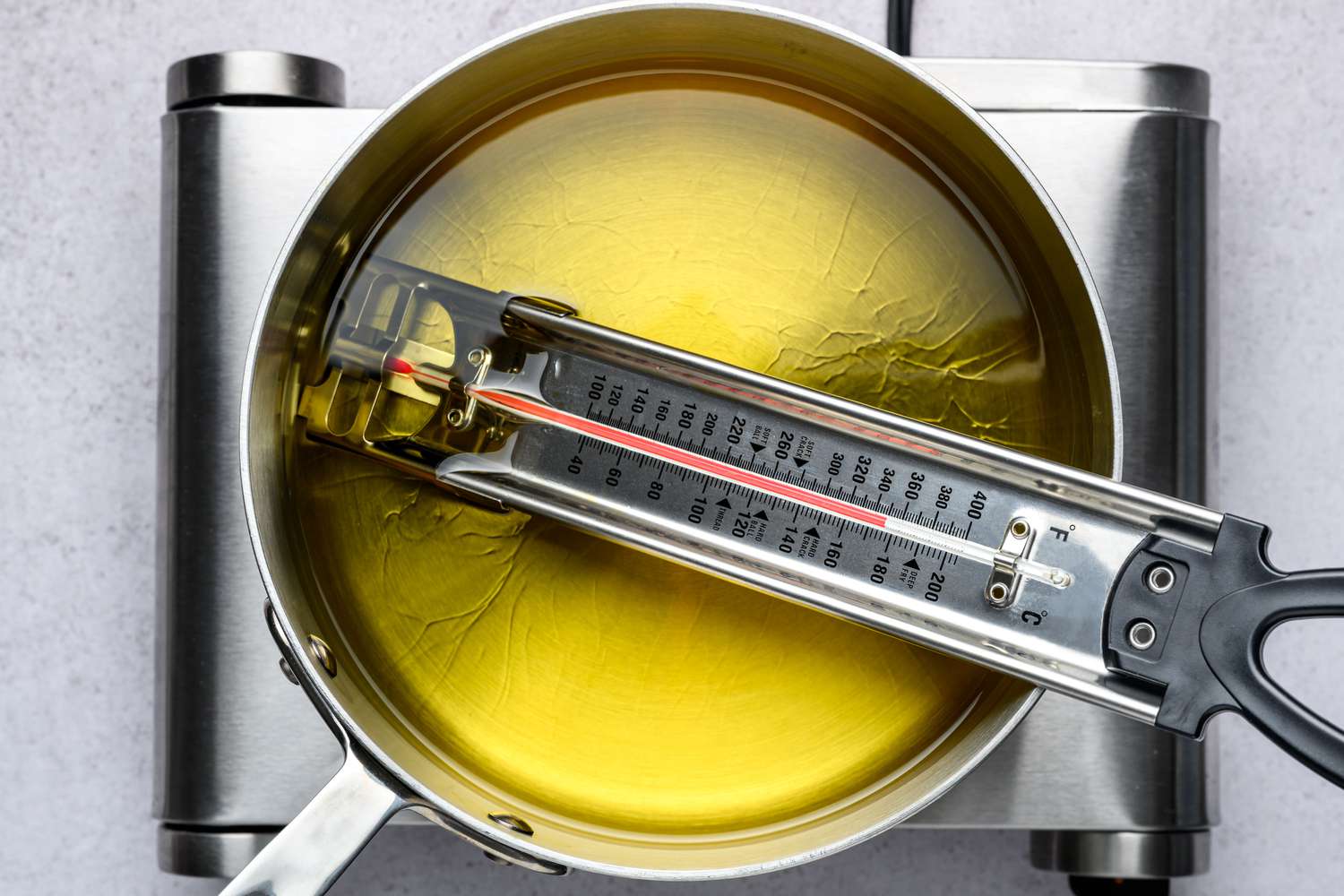 A pot of oil with a thermometer