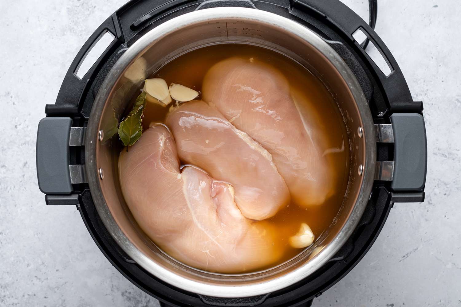 Chicken, garlic, bay leaf, and stock in an Instant Pot