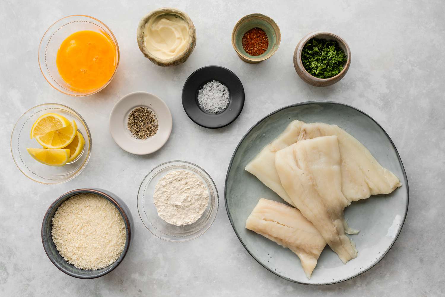 Ingredients for panko-crusted haddock recipe gathered