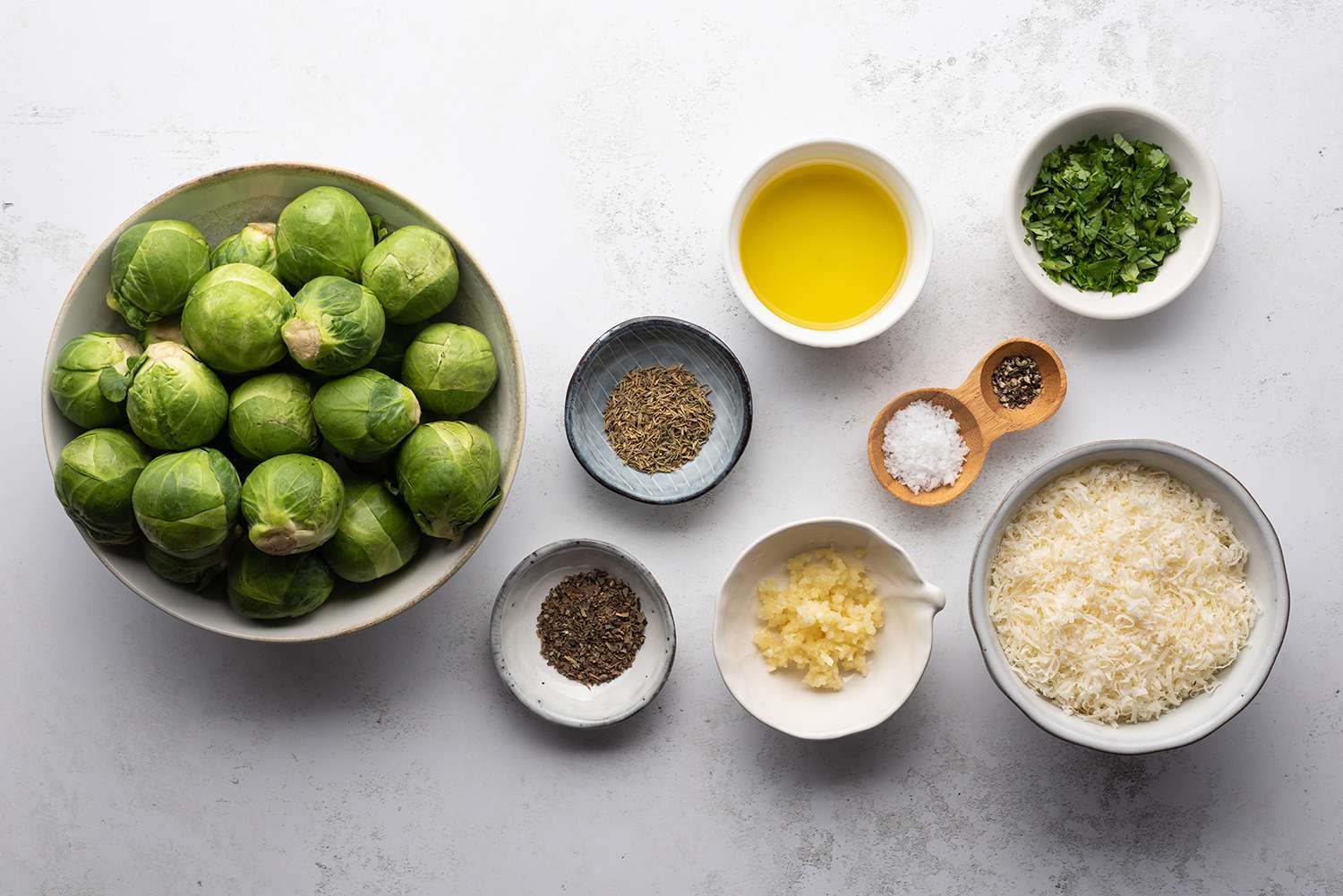 Smashed Brussels Sprouts ingredients in bowls 