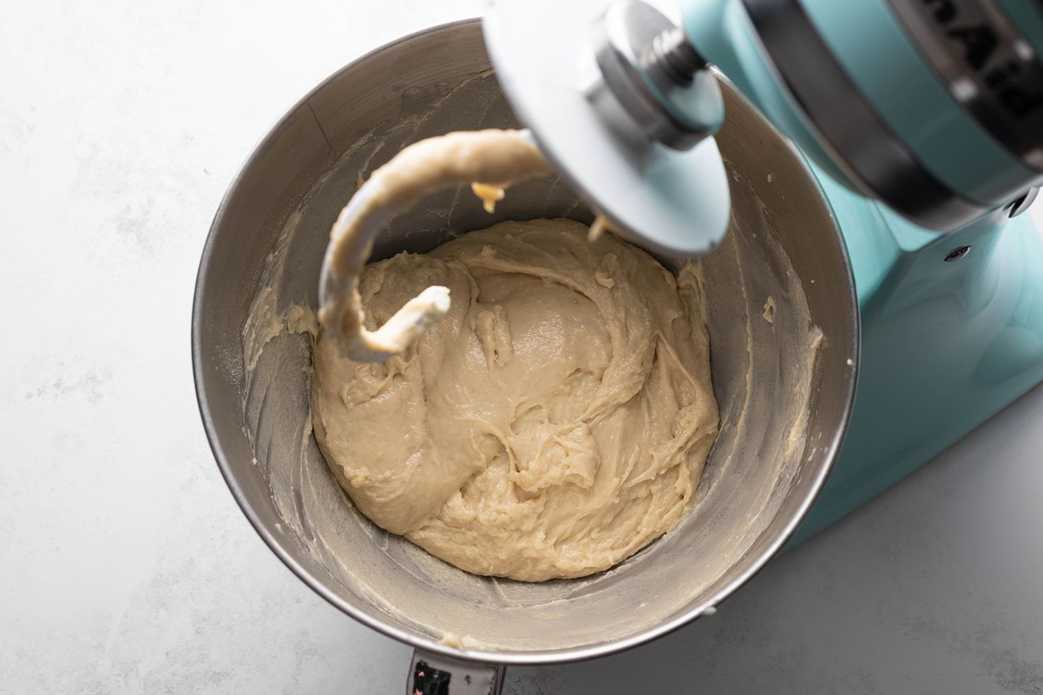 Soft dough in a stand mixer with a hook attachment