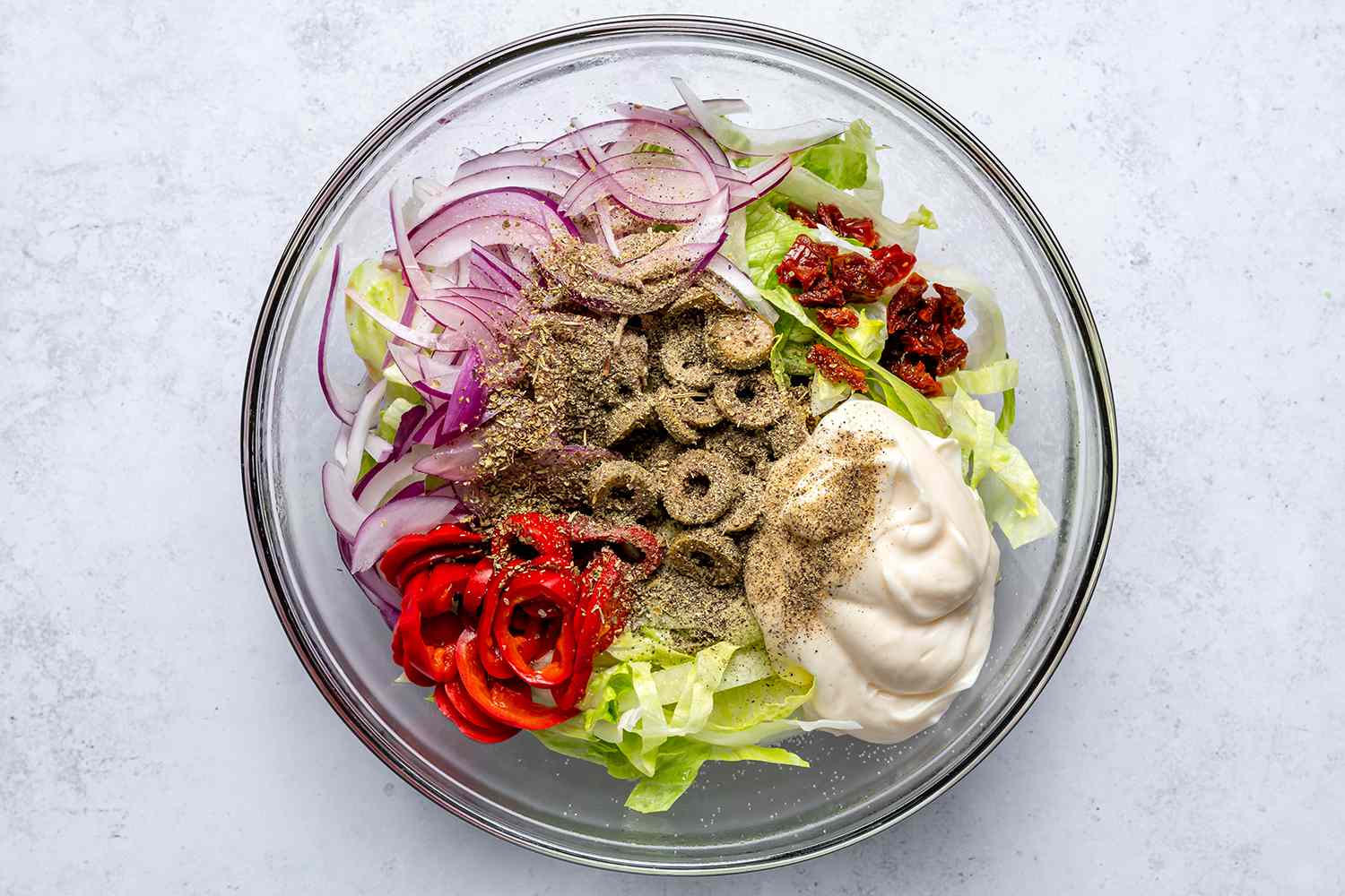 Salad topping for sandwiches in a bowl