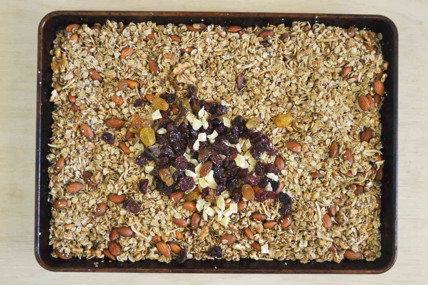 Granola in a pan with dried fruit