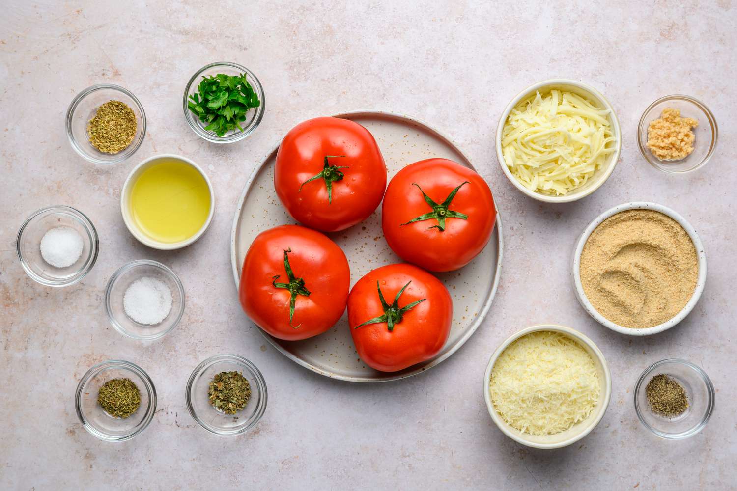 Ingredients to make vegetarian stuffed tomatoes