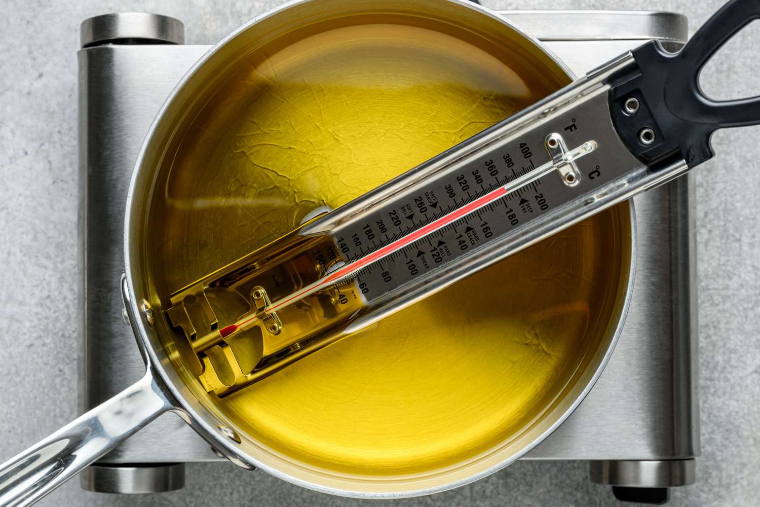 A large pot of oil with a thermometer