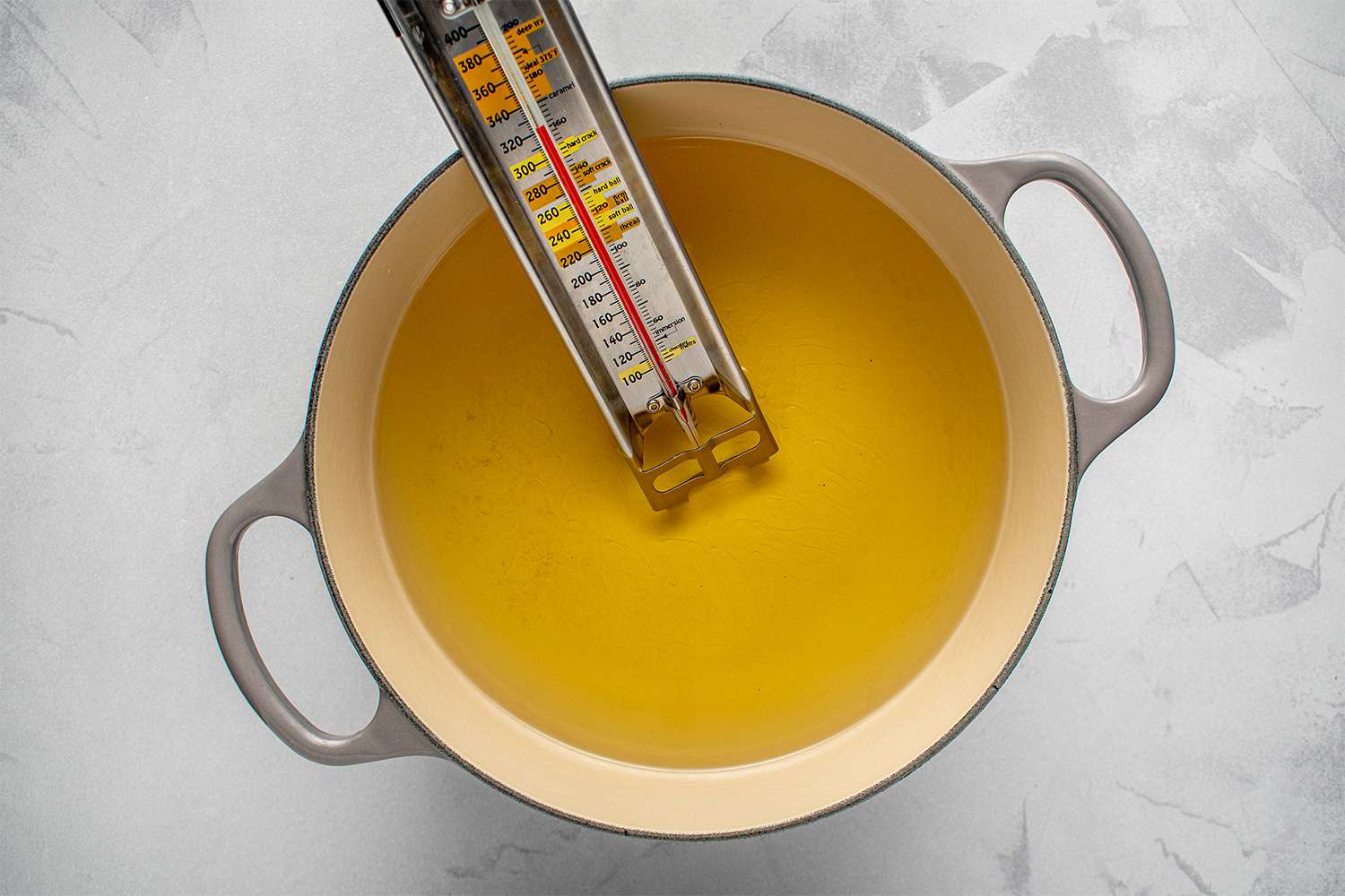 Oil in a pot with a thermometer 