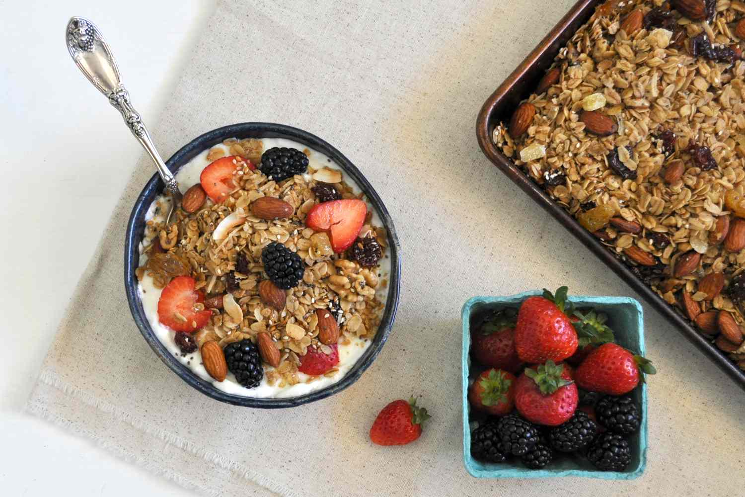 Granola in a bowl with yogurt and fruit