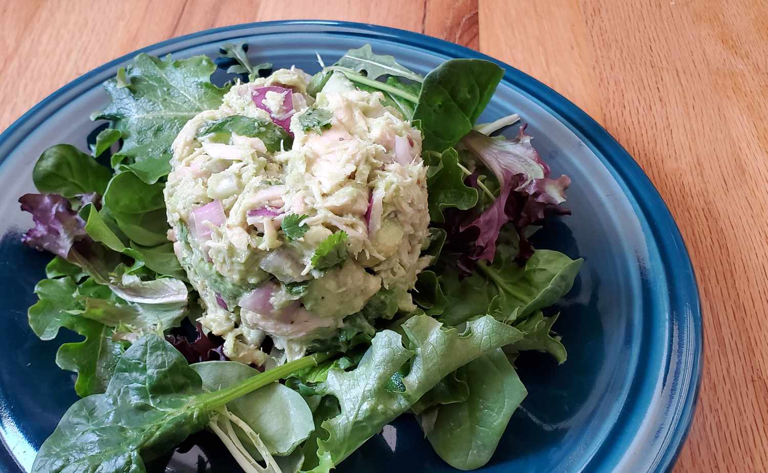 avocado tuna salad with greens on a plate
